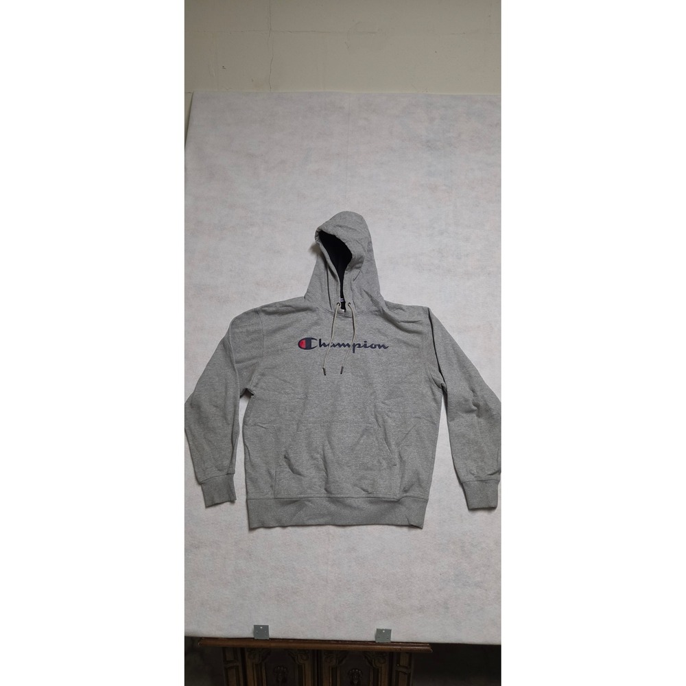 Champion Mens Hoodie Size L Gray Script Logo Long Sleeve Pullover